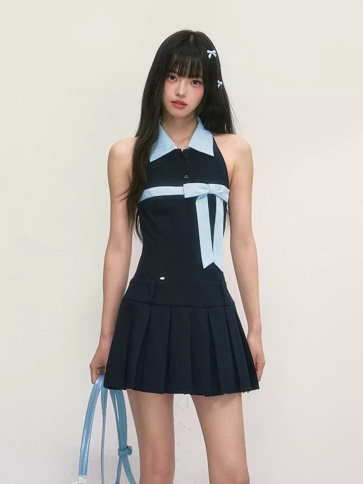 Halter neck sleeveless mini dress in navy blue