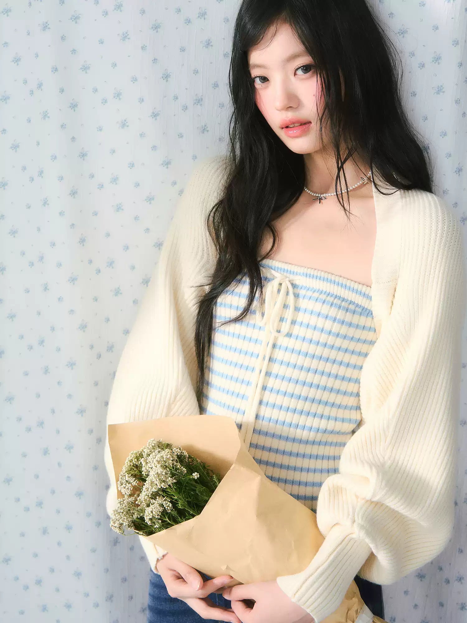 Striped cardigan & tube top knit set