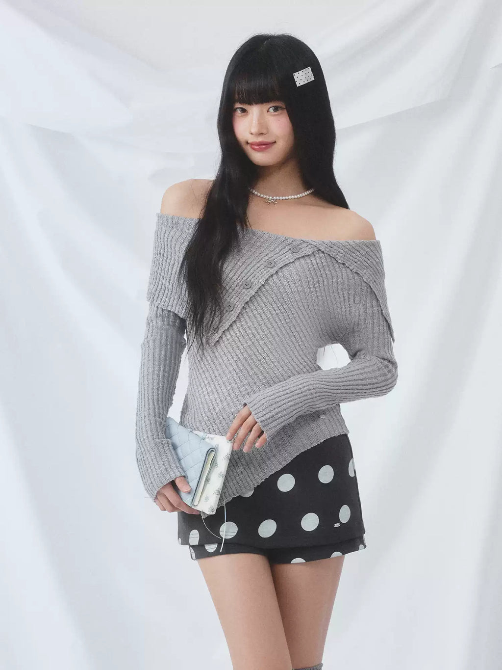 Collar off-shoulder asymmetric knit top in gray