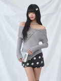 Collar off-shoulder asymmetric knit top in gray