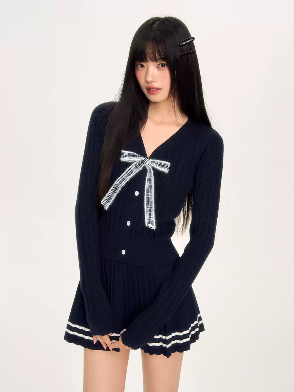 Preppy style knit top & skirt two-piece set in navy blue