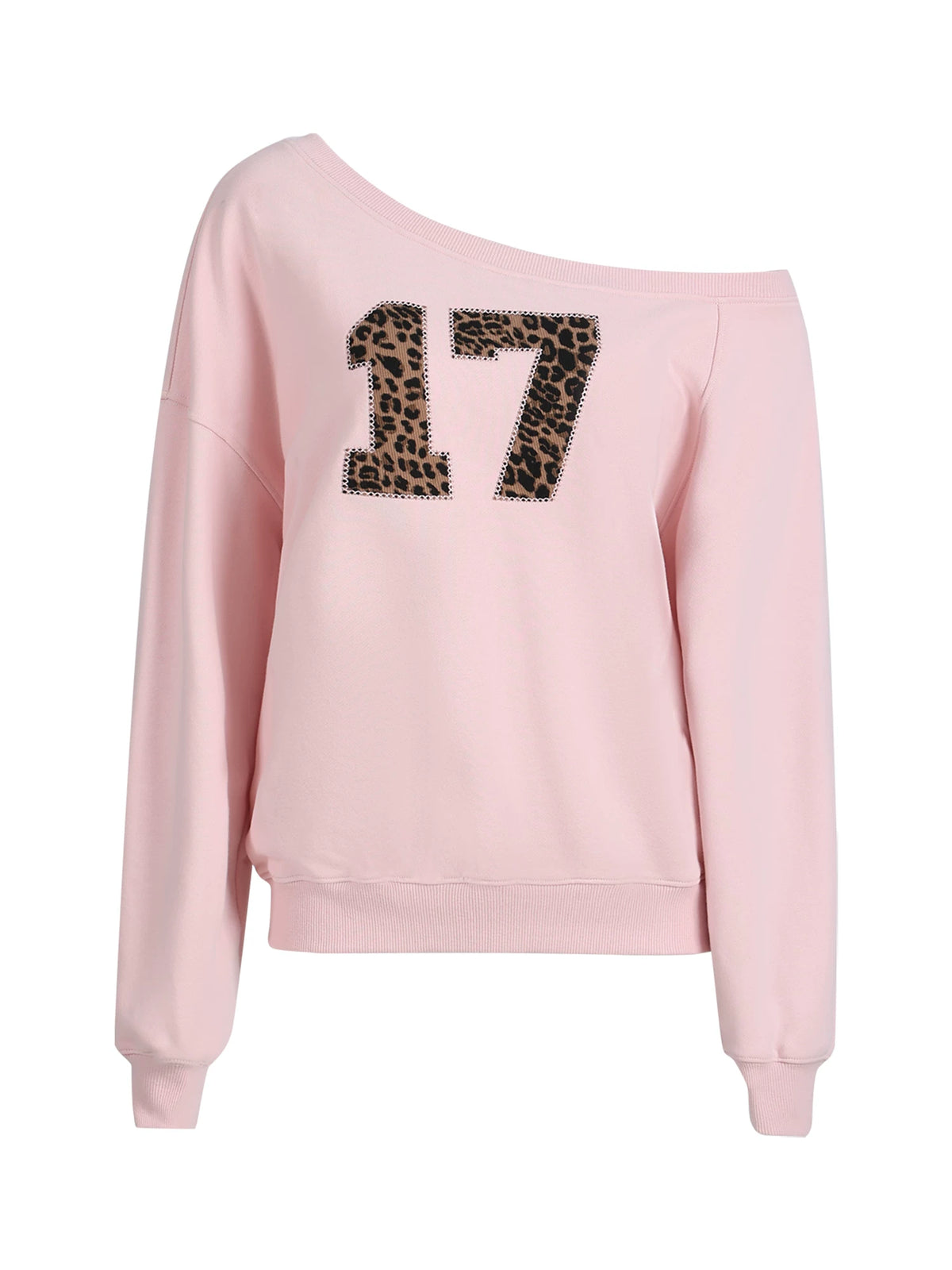 Pink Leopard Print One-Shoulder Sweatshirt
