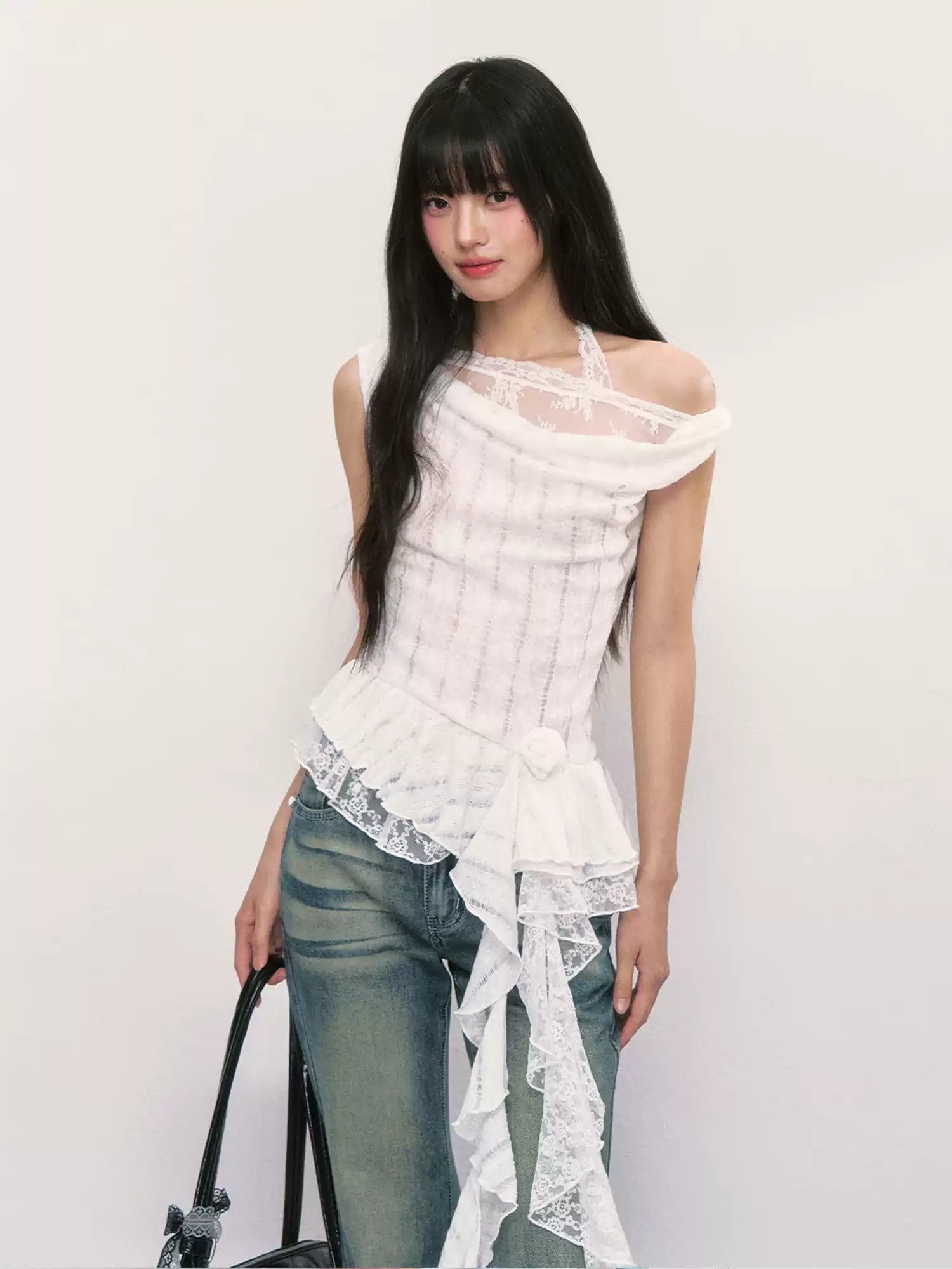 White lace asymmetrical off-shoulder top