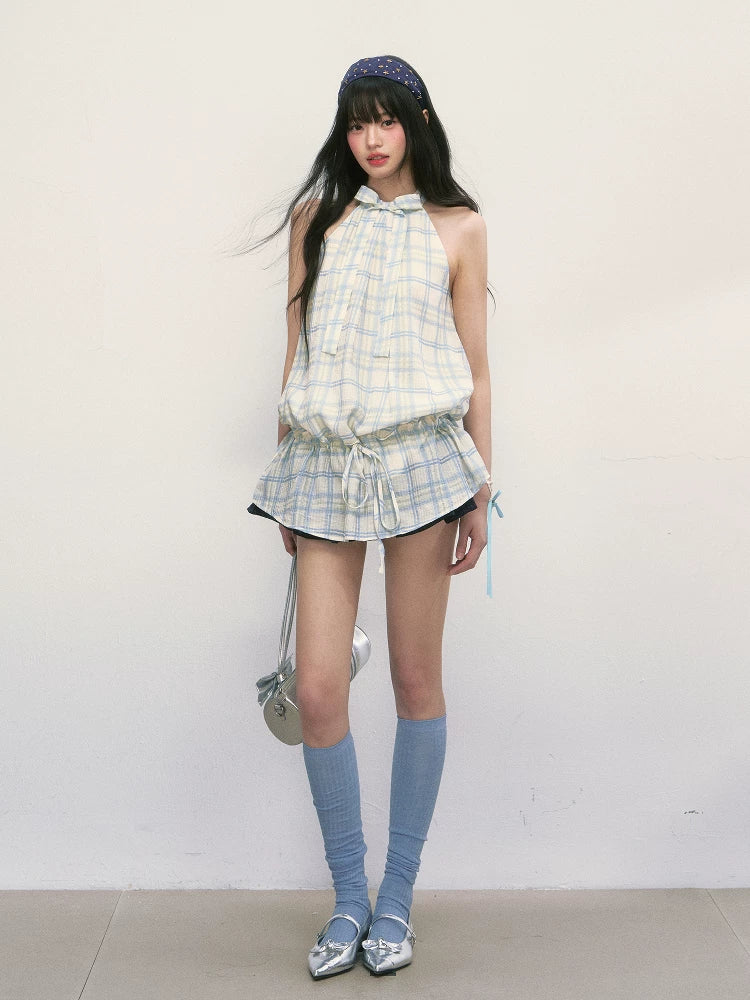 French Style Plaid Halter Mini Dress