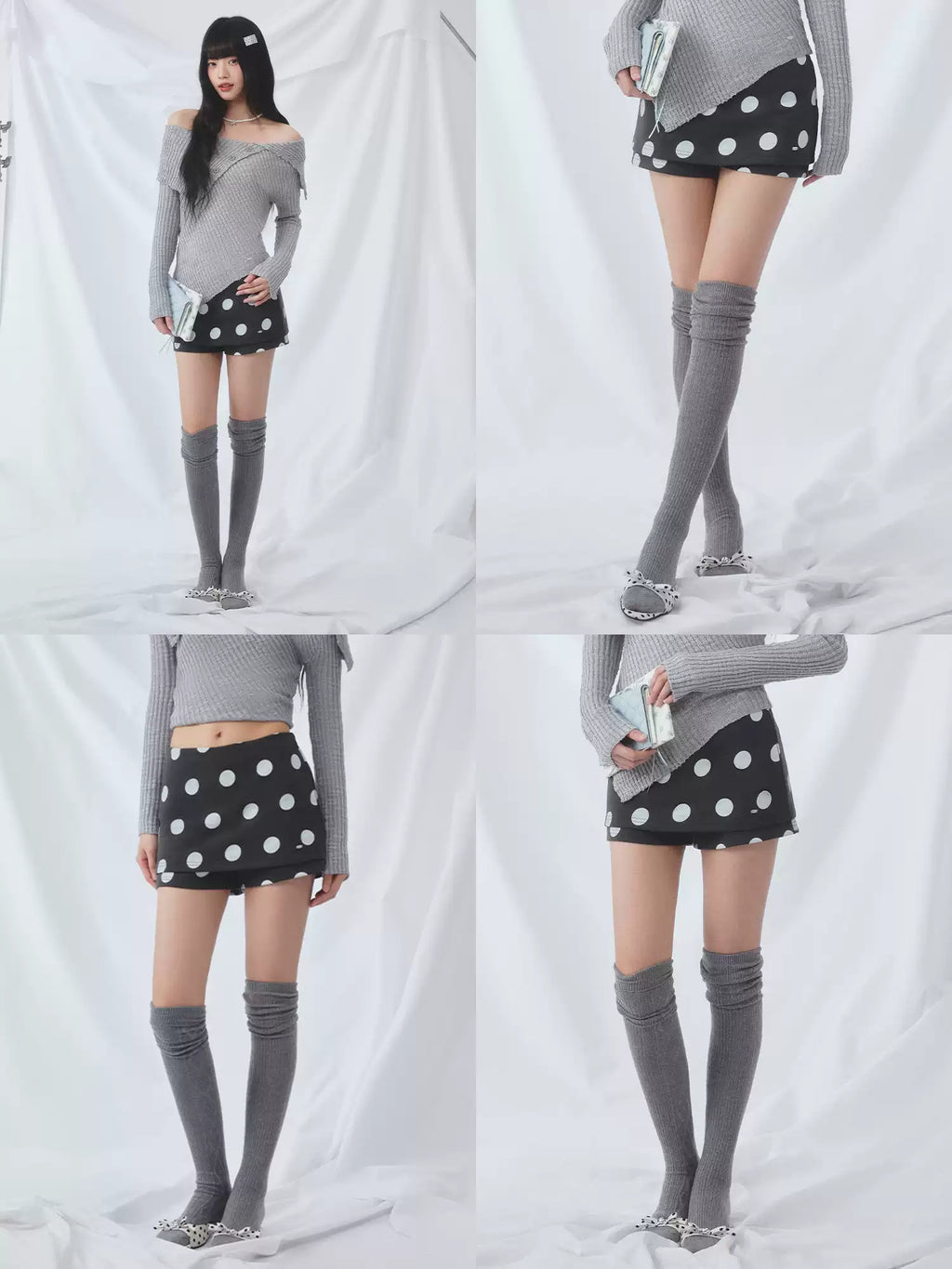 Contrast polka dot A-line skort skirt
