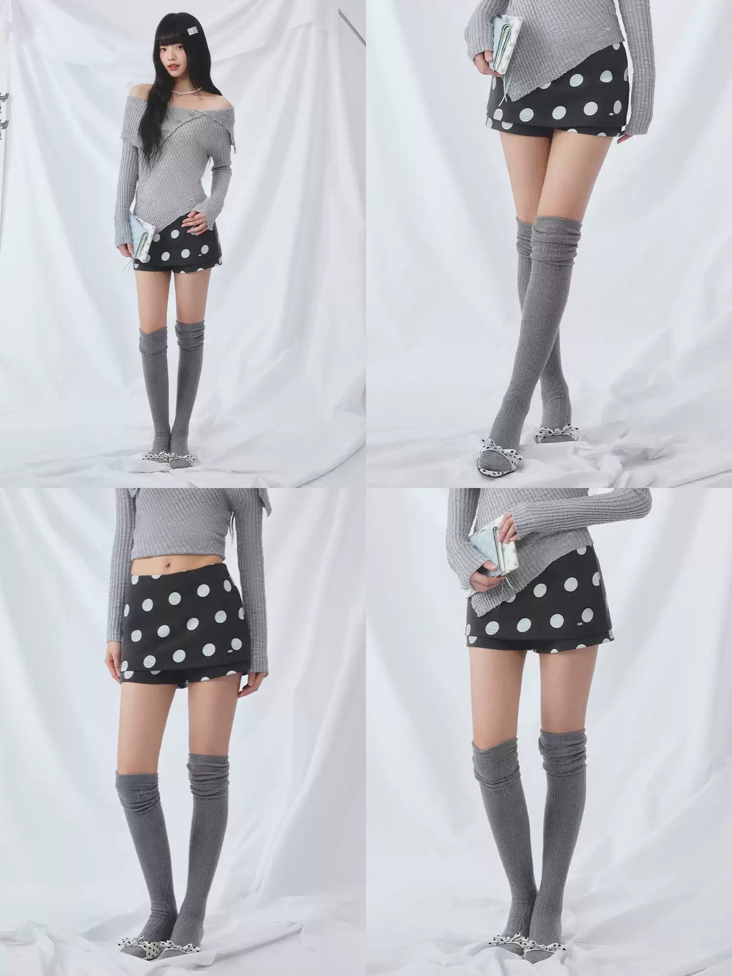 Contrast polka dot A-line skort skirt