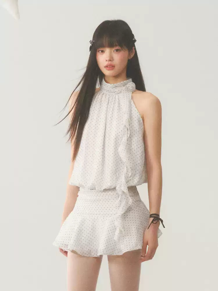 White halter neck polka dot mini dress