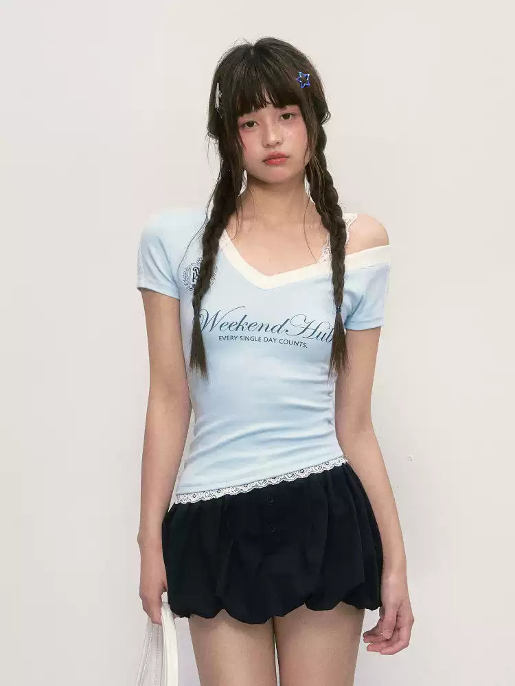Blue Weekendhub logo V-neck asymmetrical one-shoulder short sleeve top