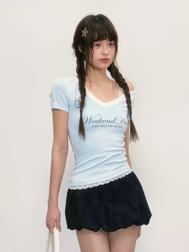 Blue Weekendhub logo V-neck asymmetrical one-shoulder short sleeve top