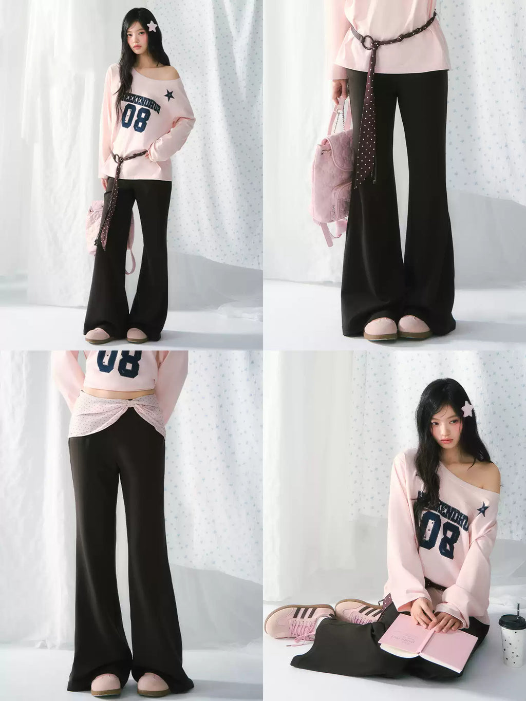 Polka dot bow layered flared pants in dark brown