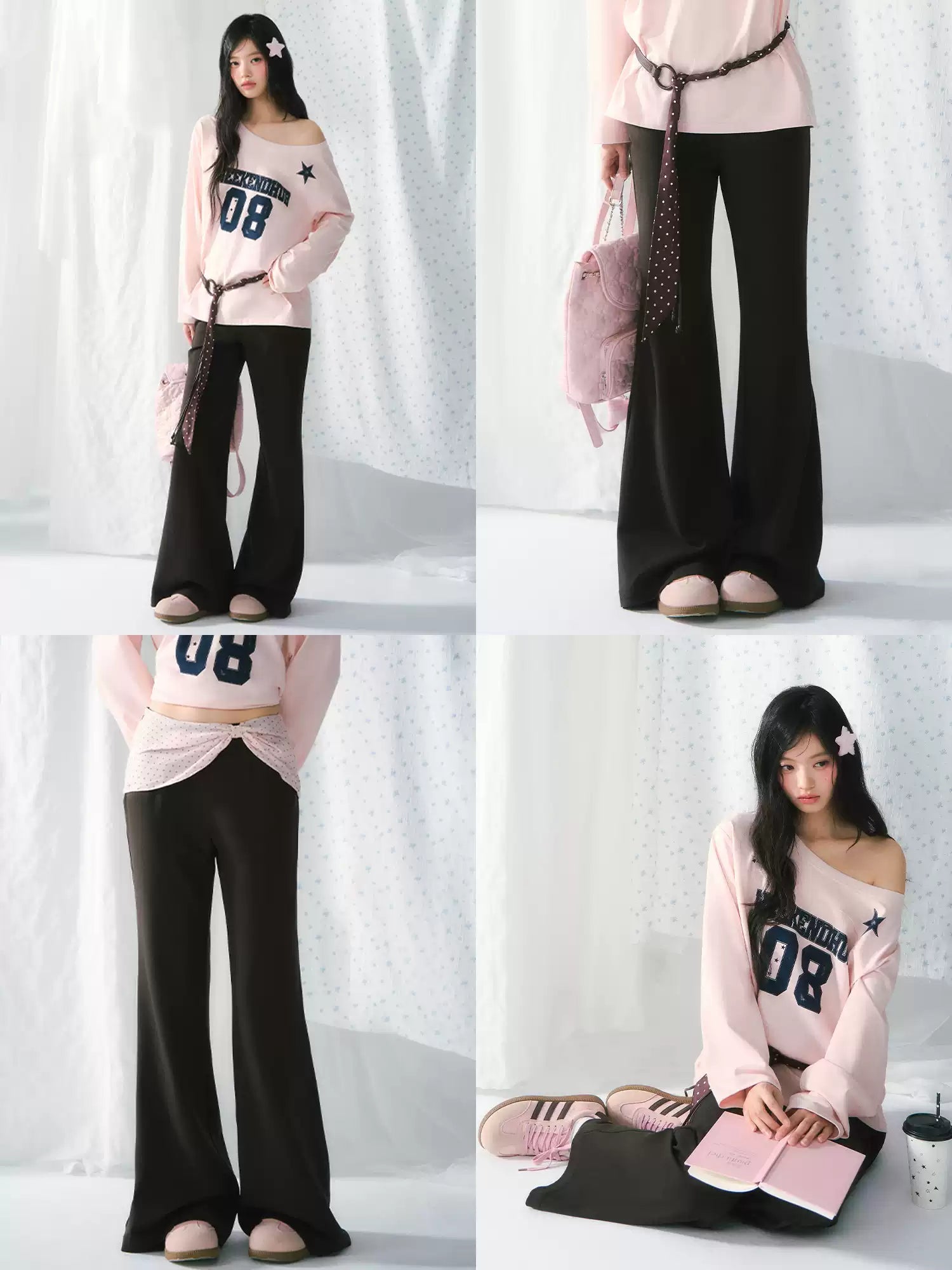 Polka dot bow layered flared pants in dark brown