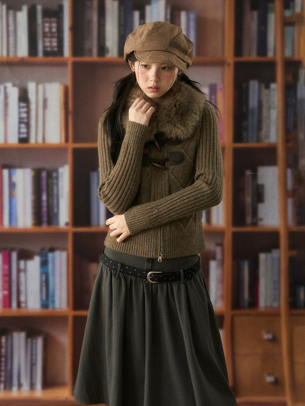 Retro Wool Collar Horn-Button Sweater Jacket