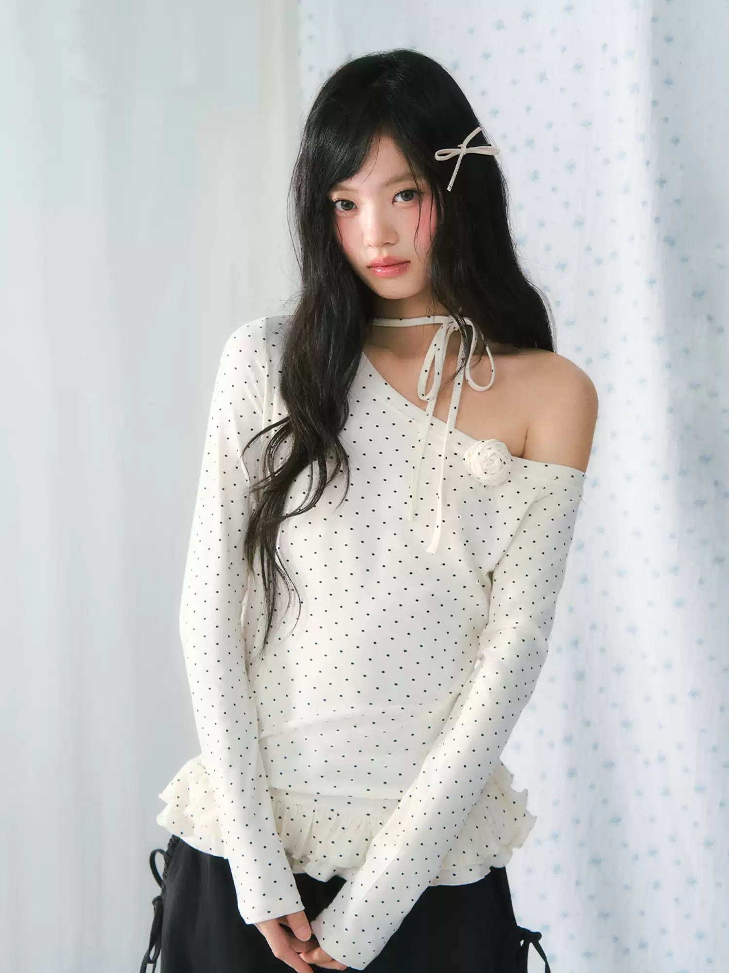 White polka dot ruffled one-shoulder long sleeve top