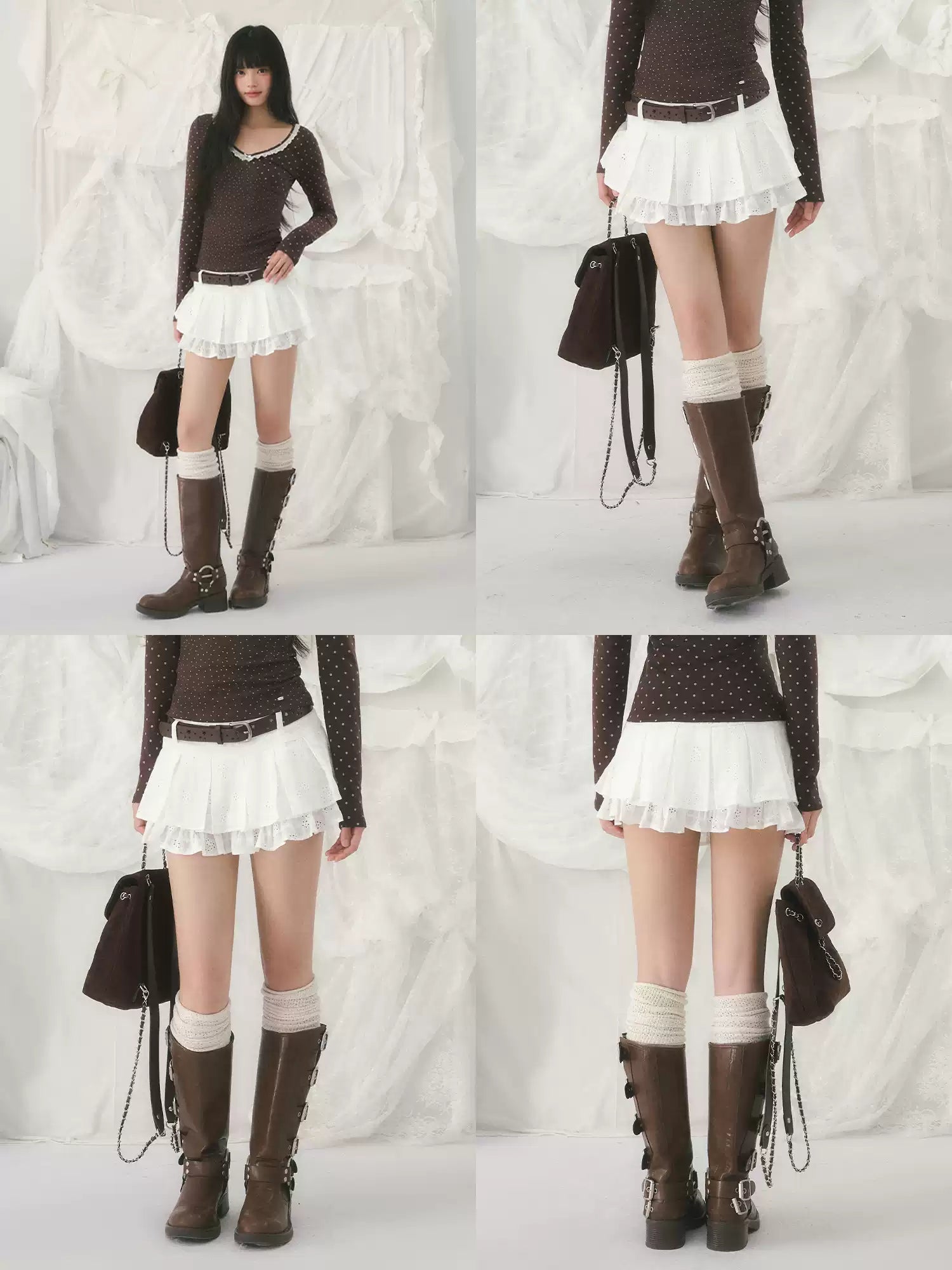White jacquard double-layered pleated skirt