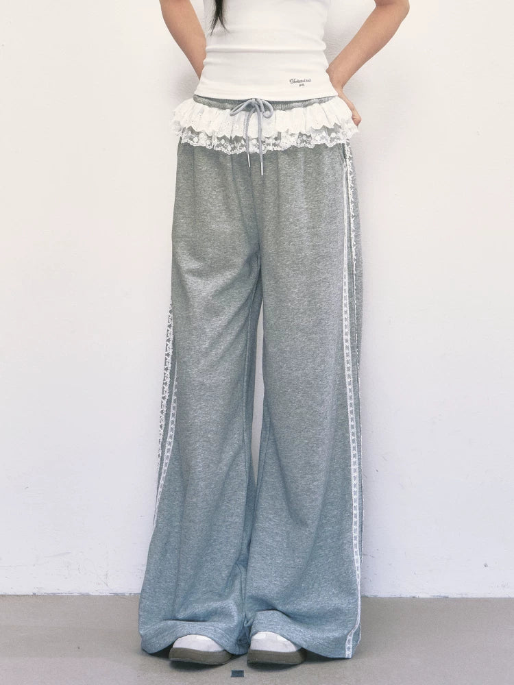 Lace Patchwork High-Waisted Wide-Leg Pants