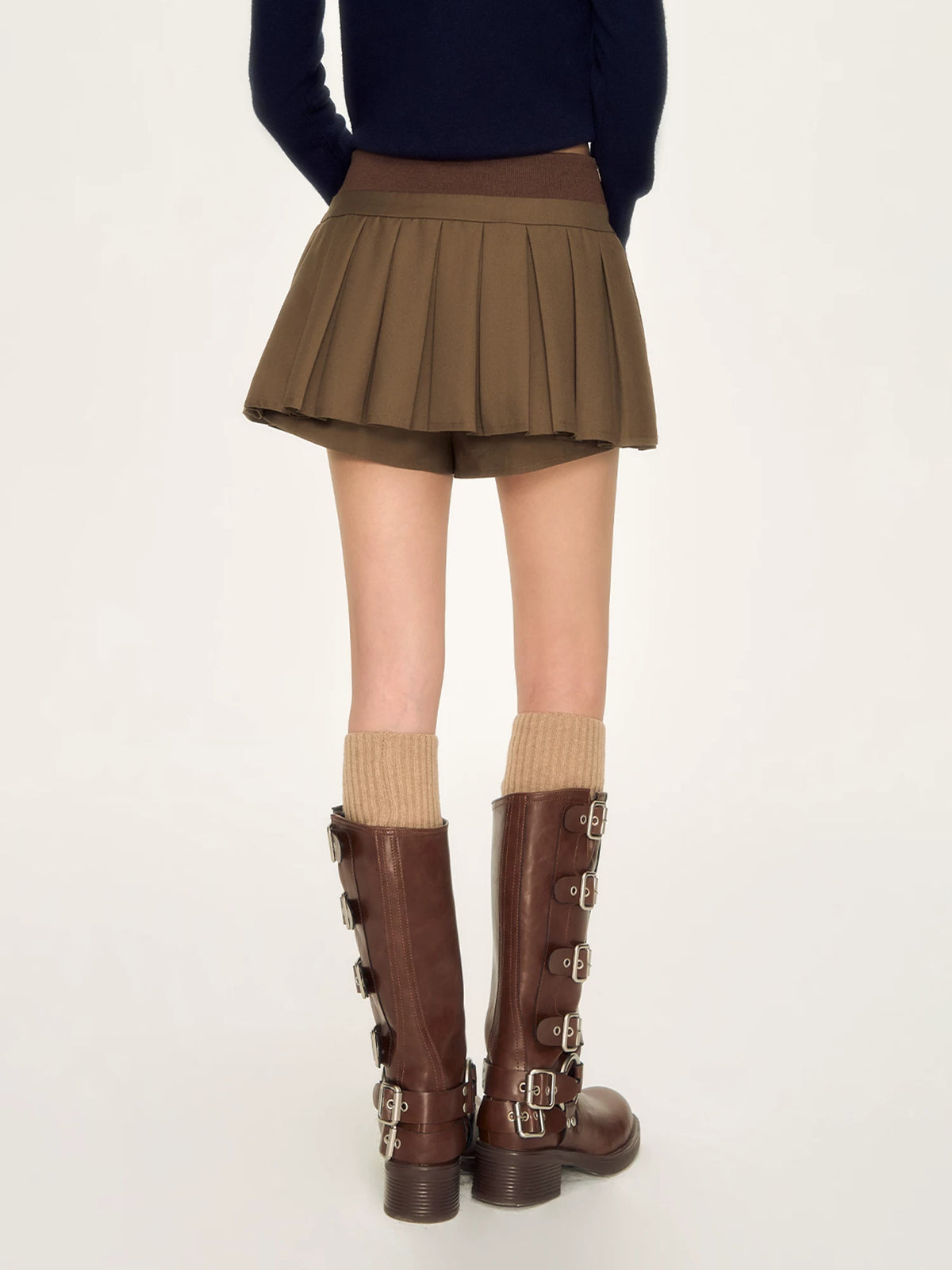 Brown Pleated A-Line Mini Skirt