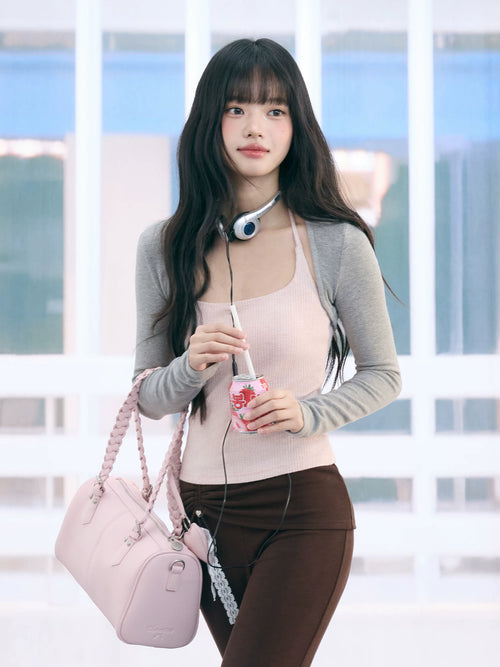 Contrast Suspender Blouse Two-Piece Set
