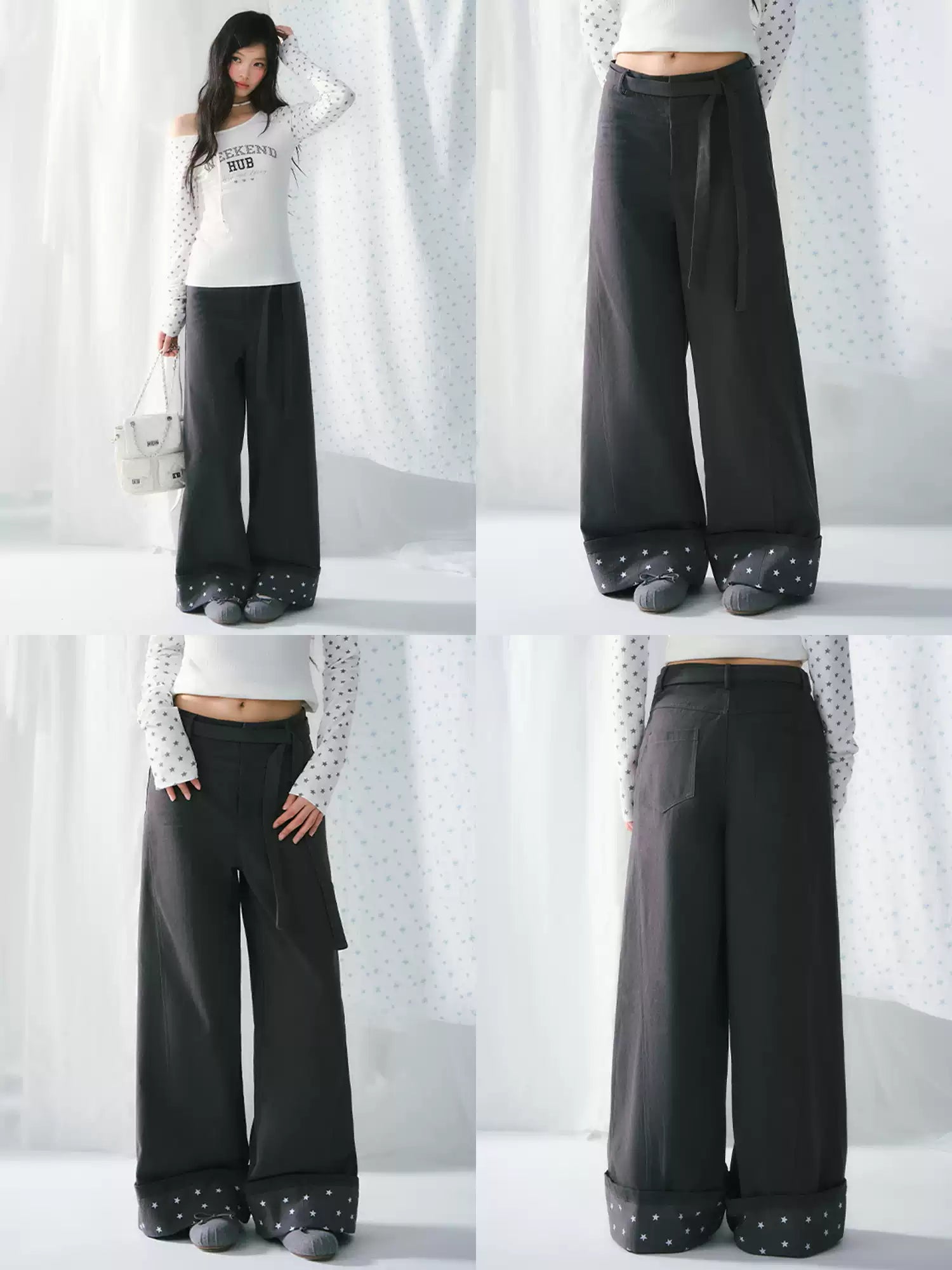 Dark gray star detail wide-leg lace-up pants