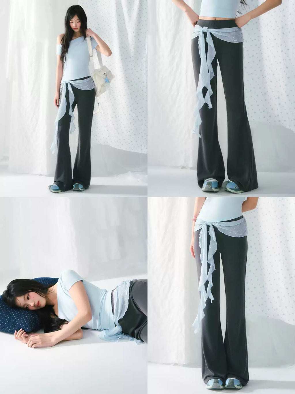 High-waisted flared pants with ribbon detail