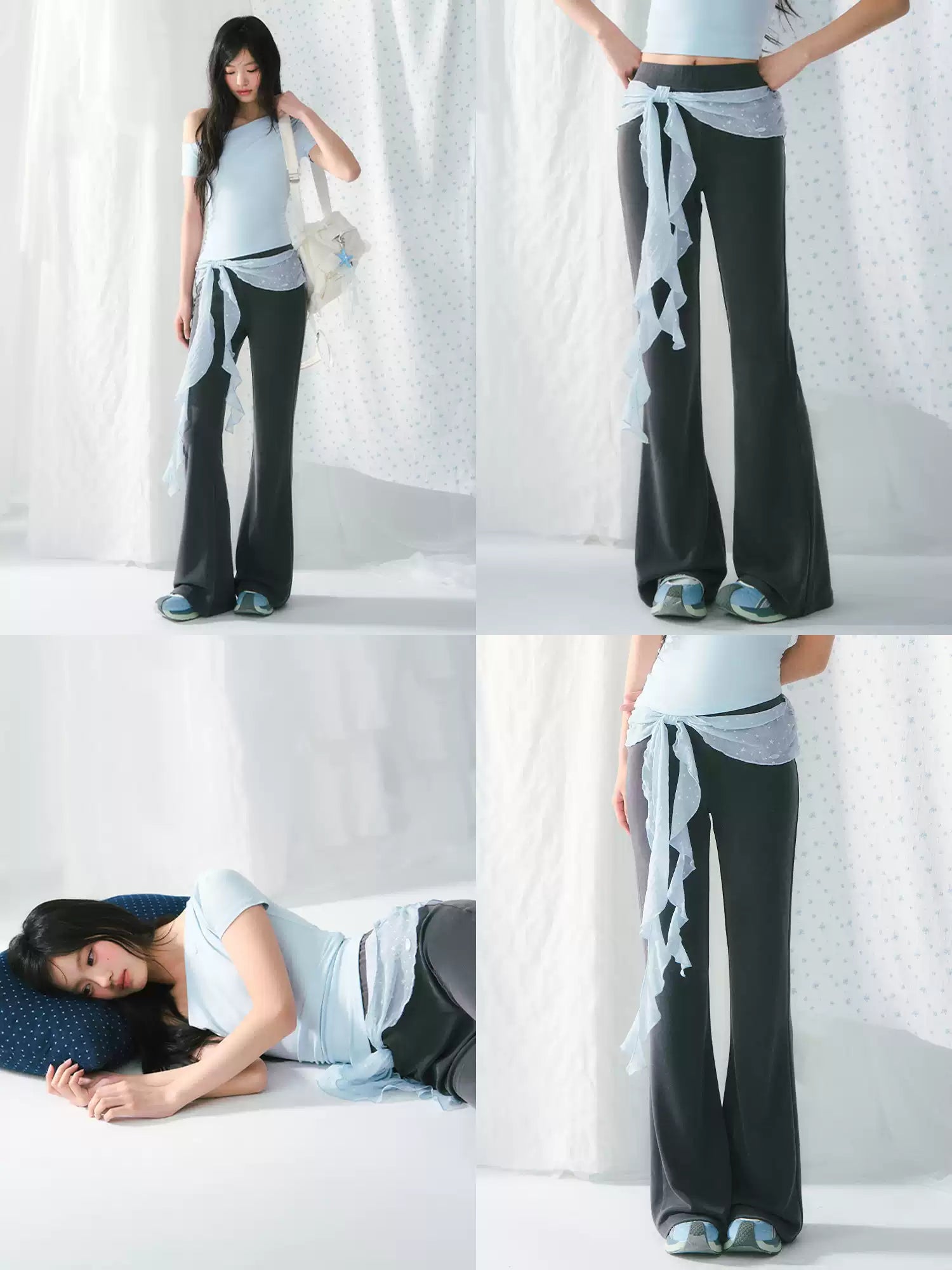 High-waisted flared pants with ribbon detail