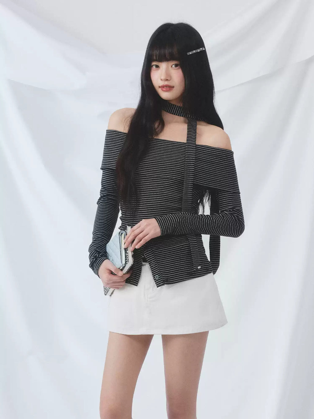 Striped tie-front off-shoulder fitted top