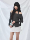 Striped tie-front off-shoulder fitted top