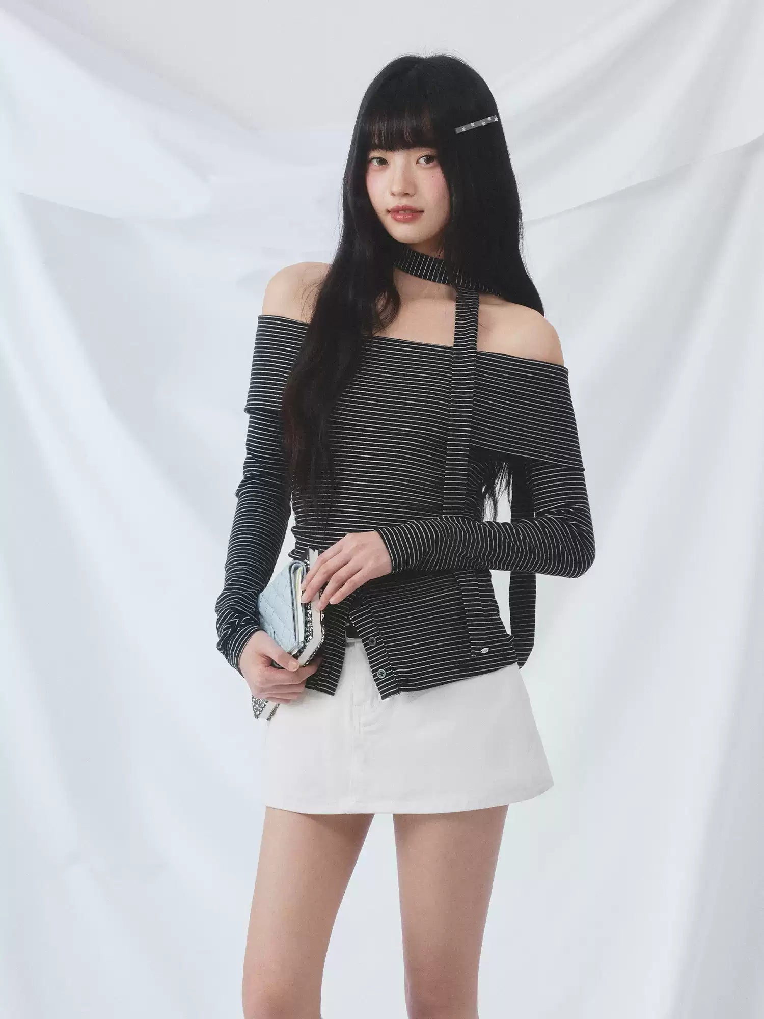 Striped tie-front off-shoulder fitted top
