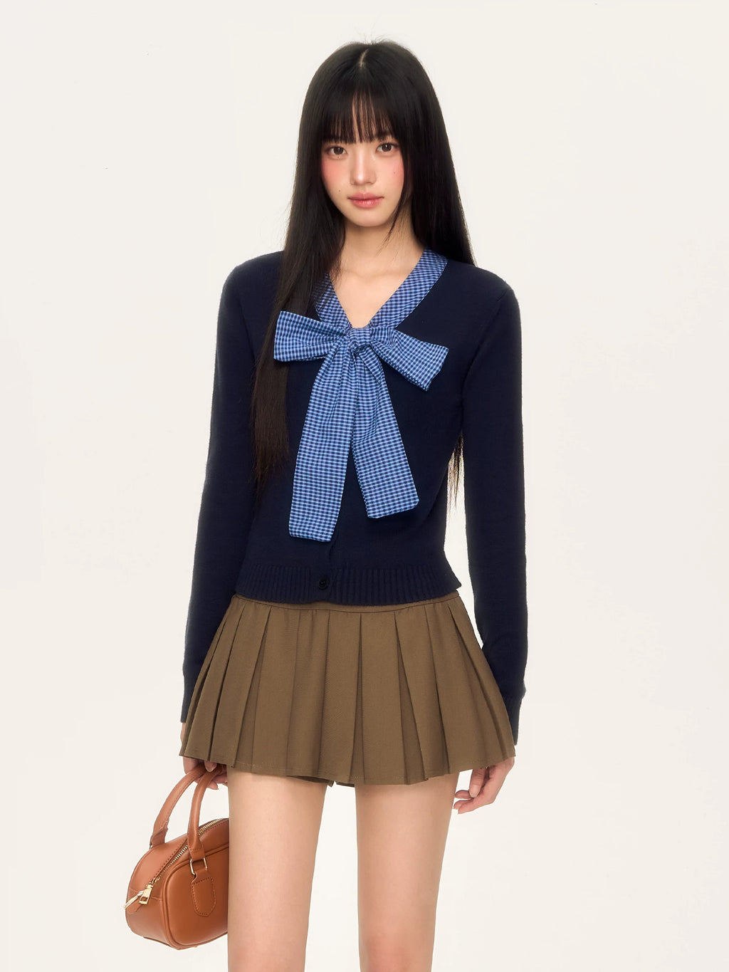 Contrast Plaid Bow-Tie Knit Long Sleeve Top