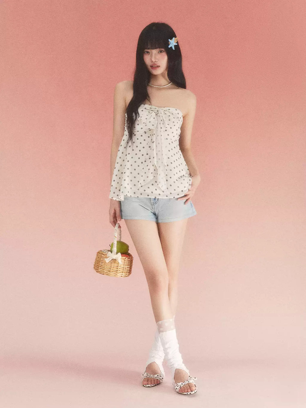 Bow detail polka dot tube top