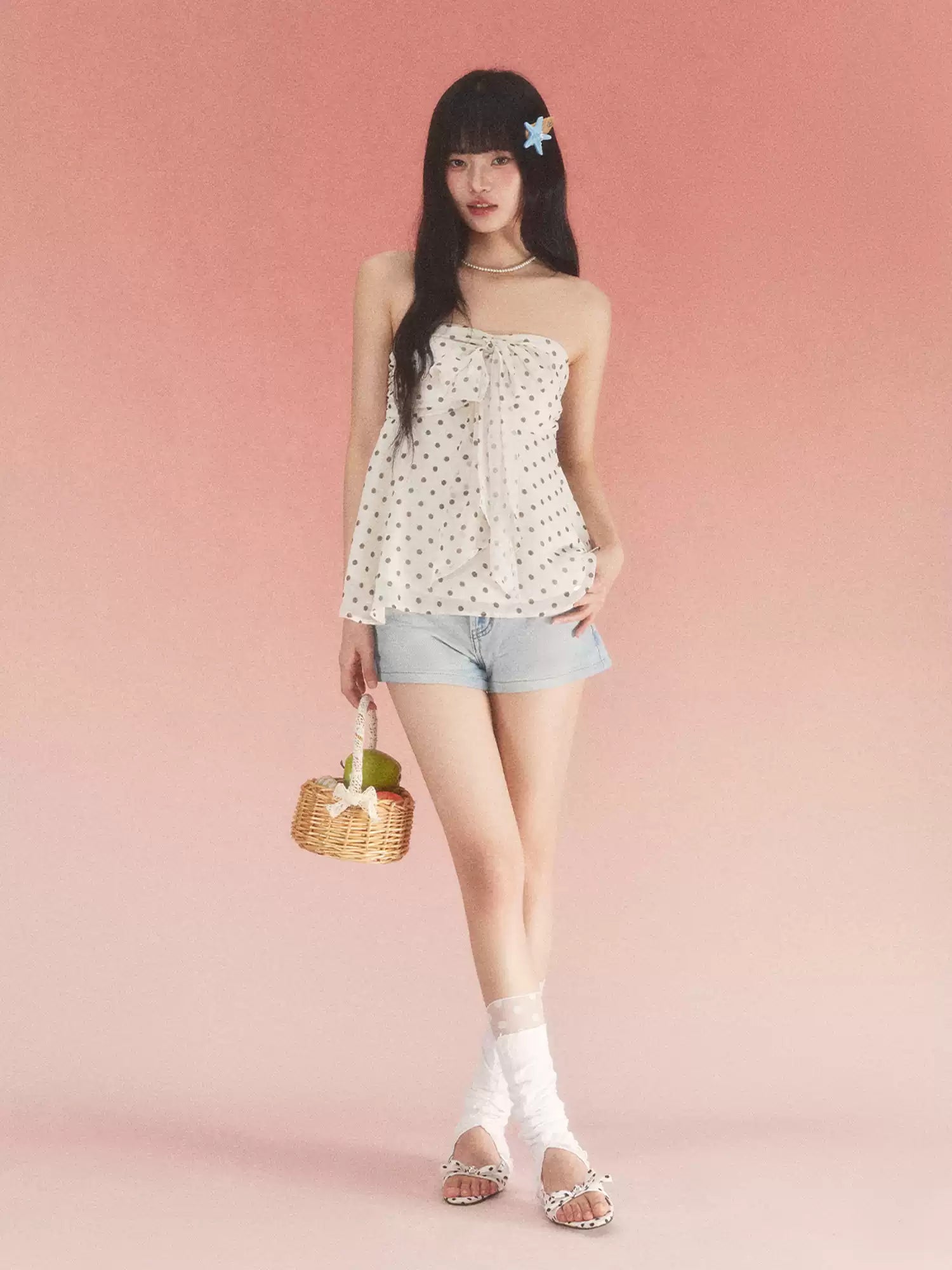 Bow detail polka dot tube top