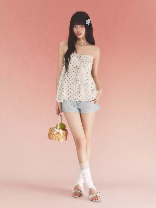 Bow detail polka dot tube top