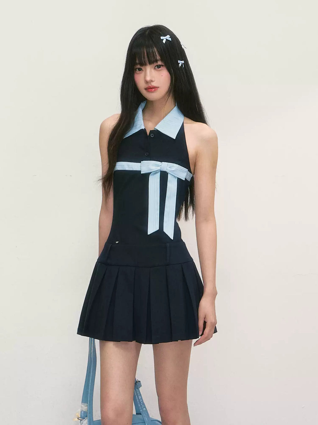 Halter neck sleeveless mini dress in navy blue