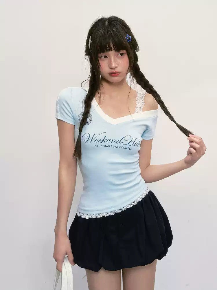 Blue Weekendhub logo V-neck asymmetrical one-shoulder short sleeve top