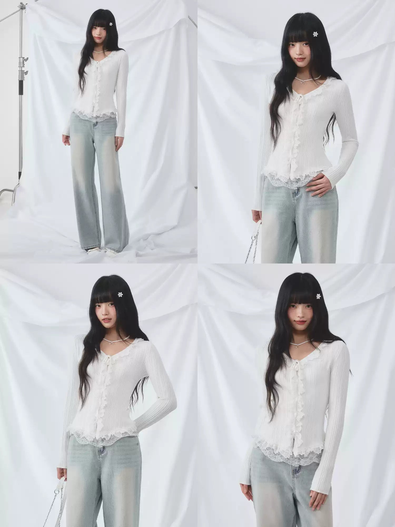 Lace trim long sleeve knit top