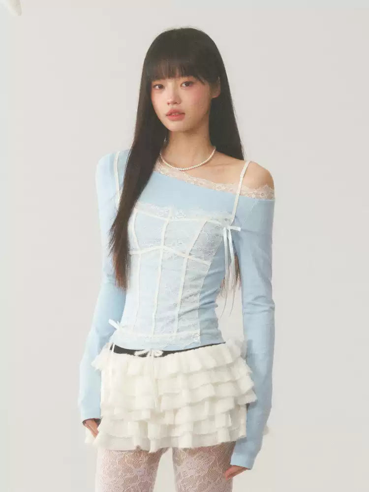 Blue asymmetric off-shoulder layered top