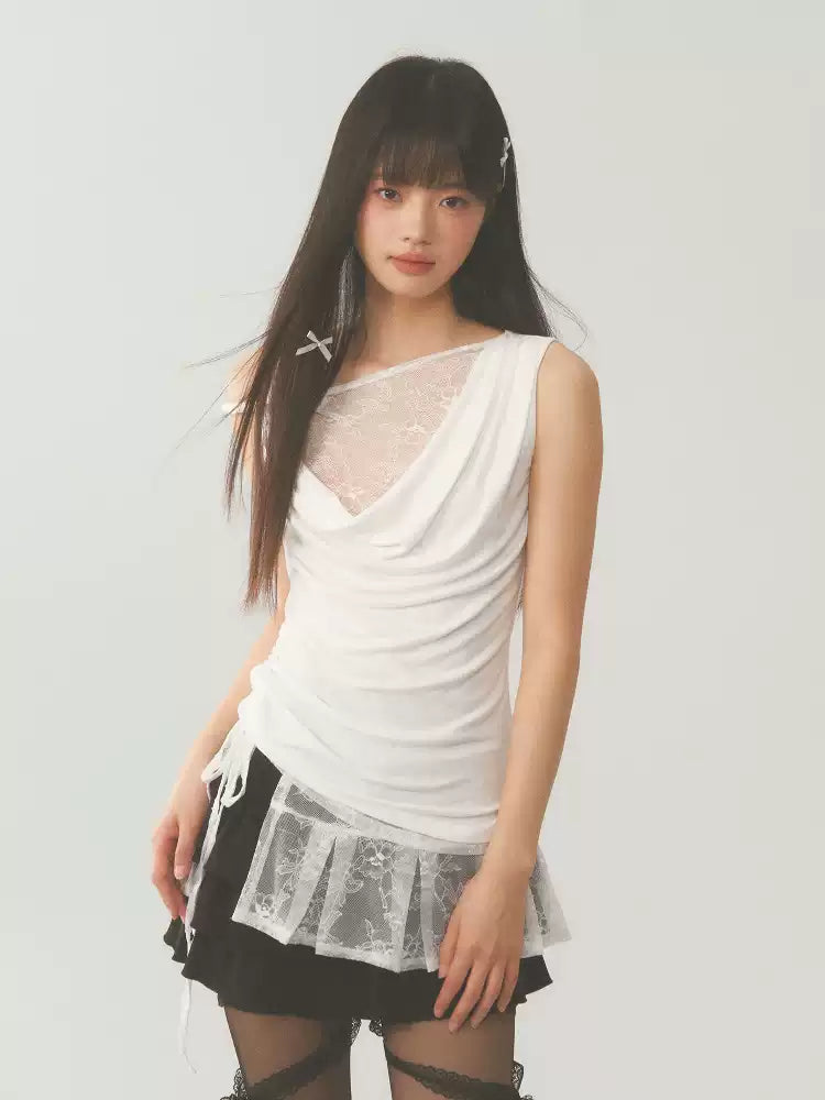 Asymmetric layered sleeveless lace top