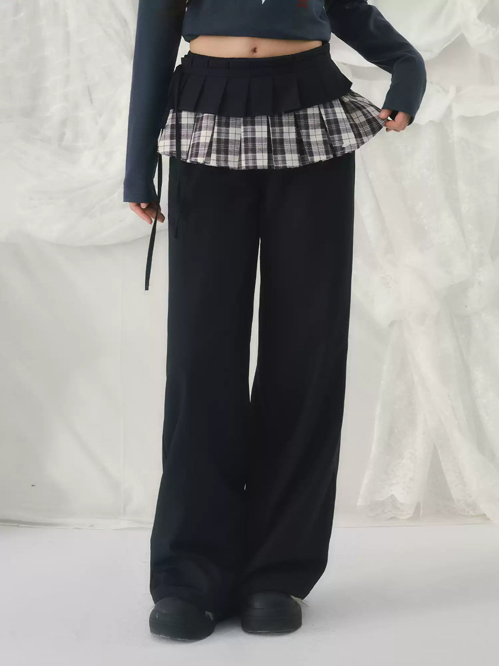 Checked layered straight-leg pants in navy blue