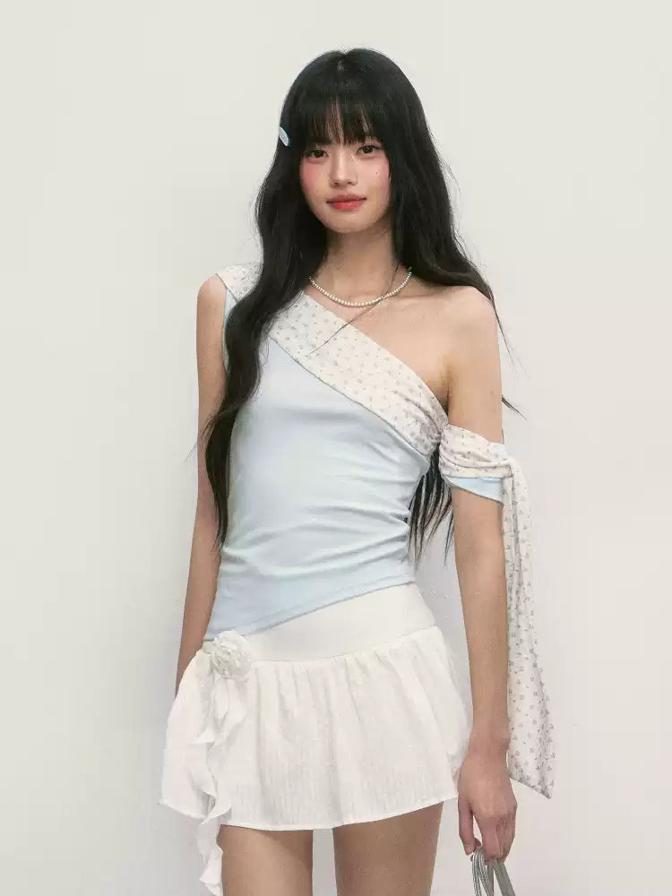 Blue asymmetrical one-shoulder slim fit short sleeve top