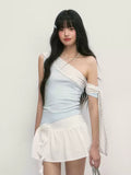 Blue asymmetrical one-shoulder slim fit short sleeve top