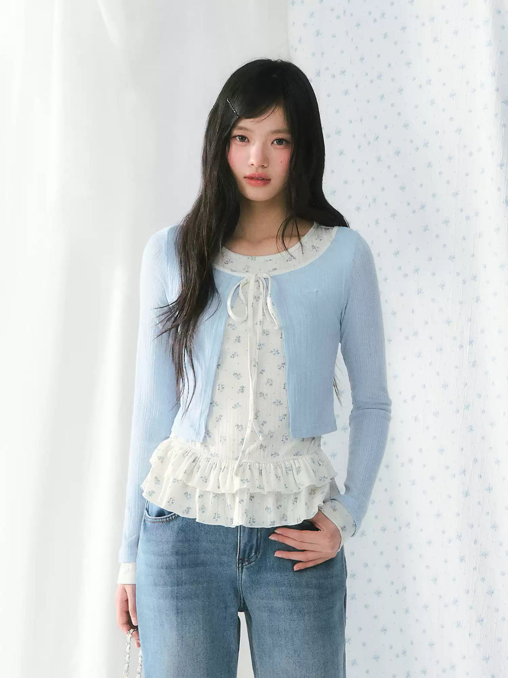 Blue floral ruffle faux two-piece long sleeve top