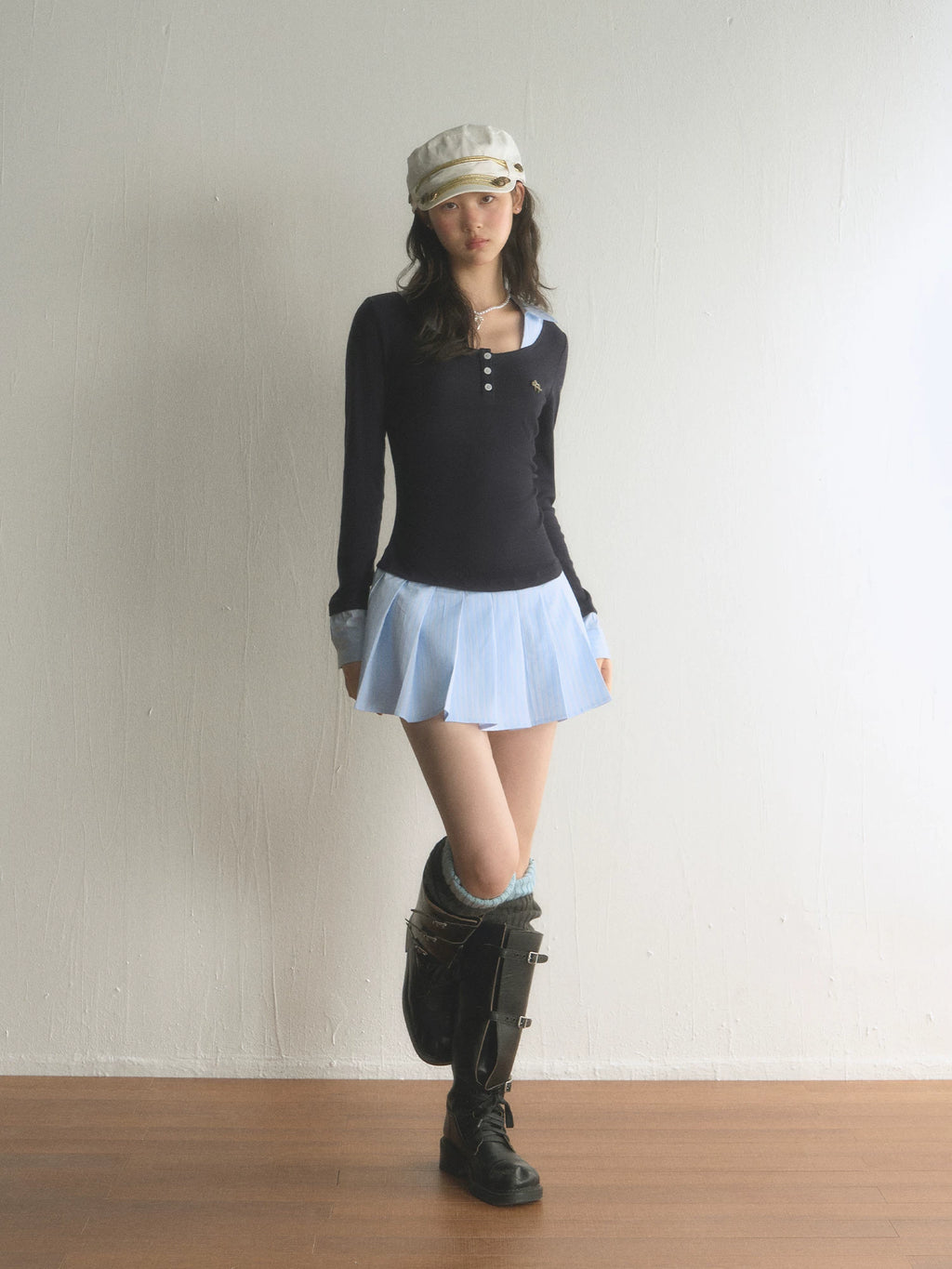 Preppy Patchwork Henley Pleated Mini Dress