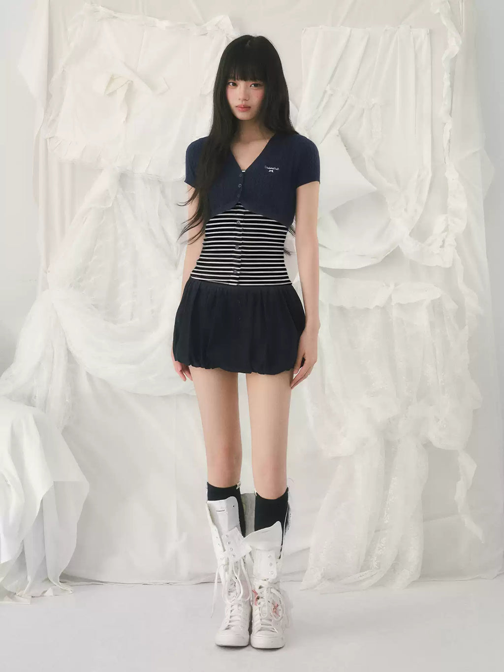 Contrast knit two-piece short sleeve set