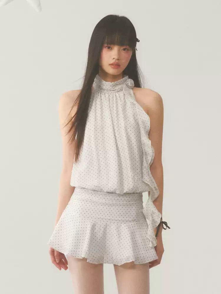 White halter neck polka dot mini dress