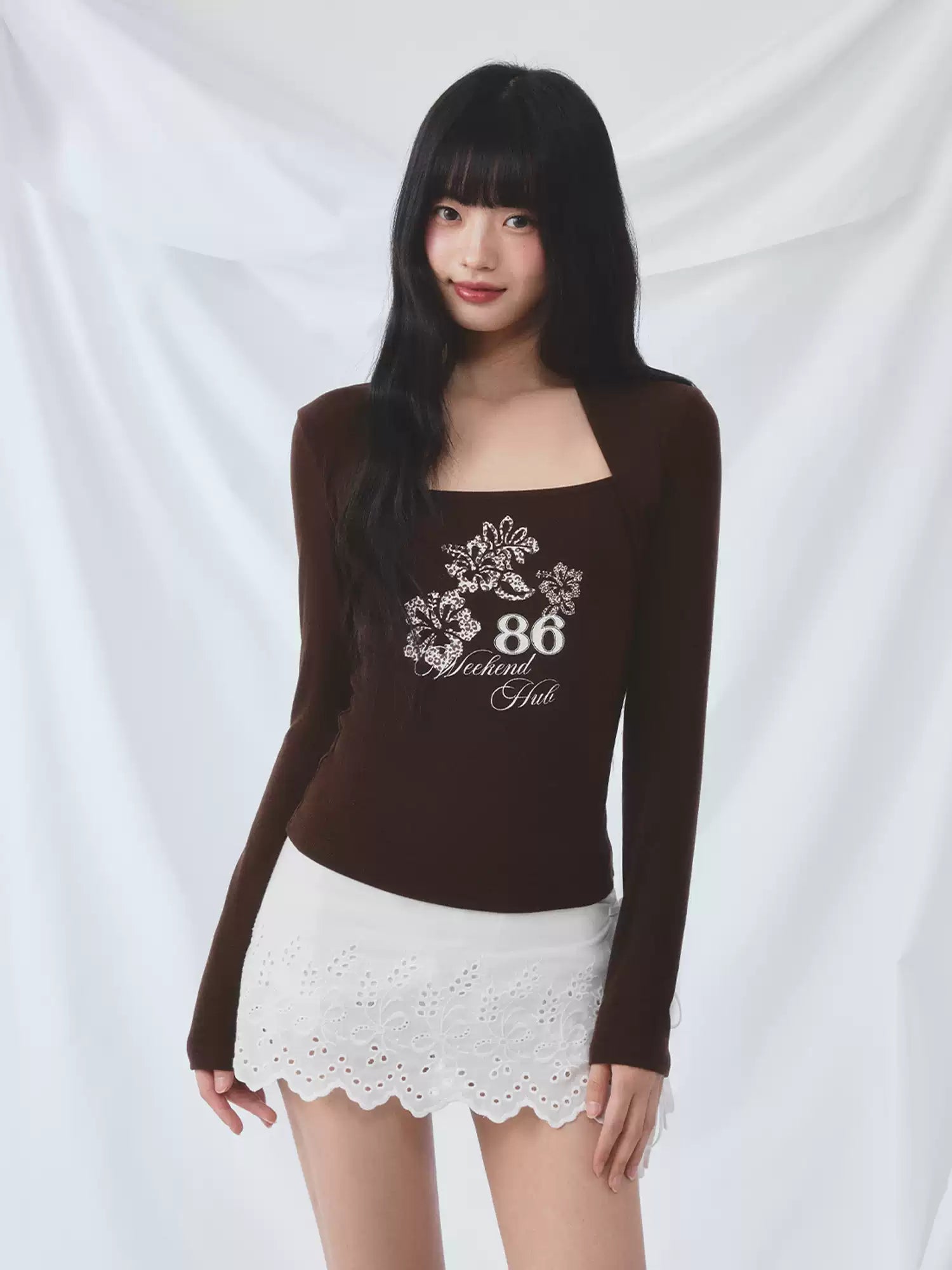 Square neck layered print top in brown