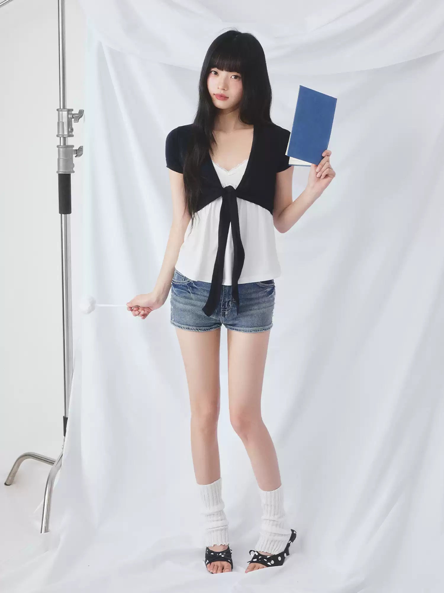 Contrast tie-front cardigan and camisole set in navy blue