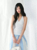 Retro white v-neck halter top with blue polka dot
