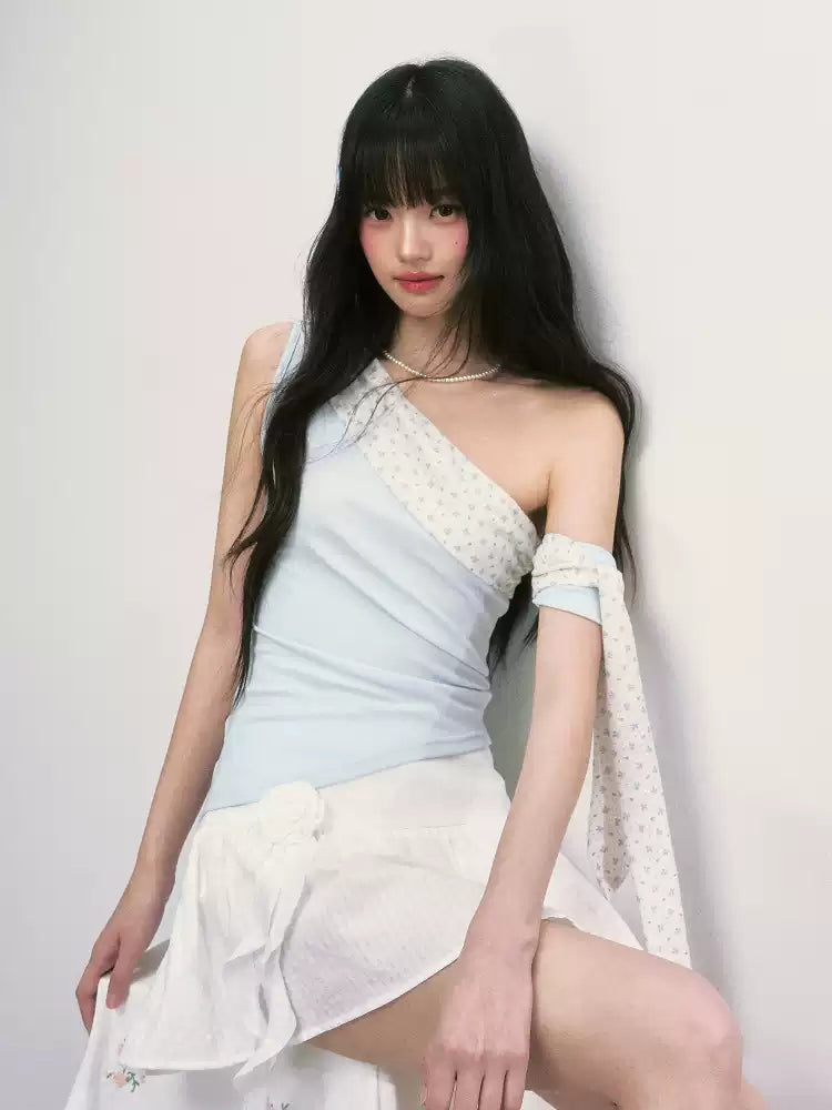 Blue asymmetrical one-shoulder slim fit short sleeve top