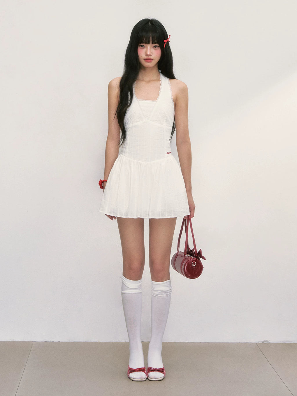 Embroidered White Halter Neck Dress