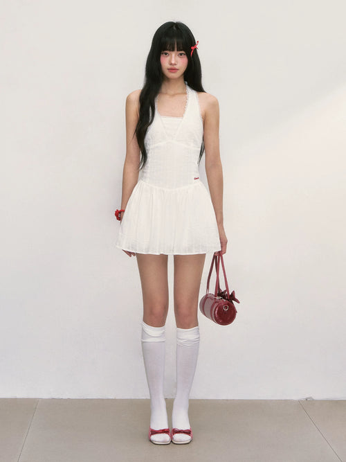 Embroidered White Halter Neck Dress