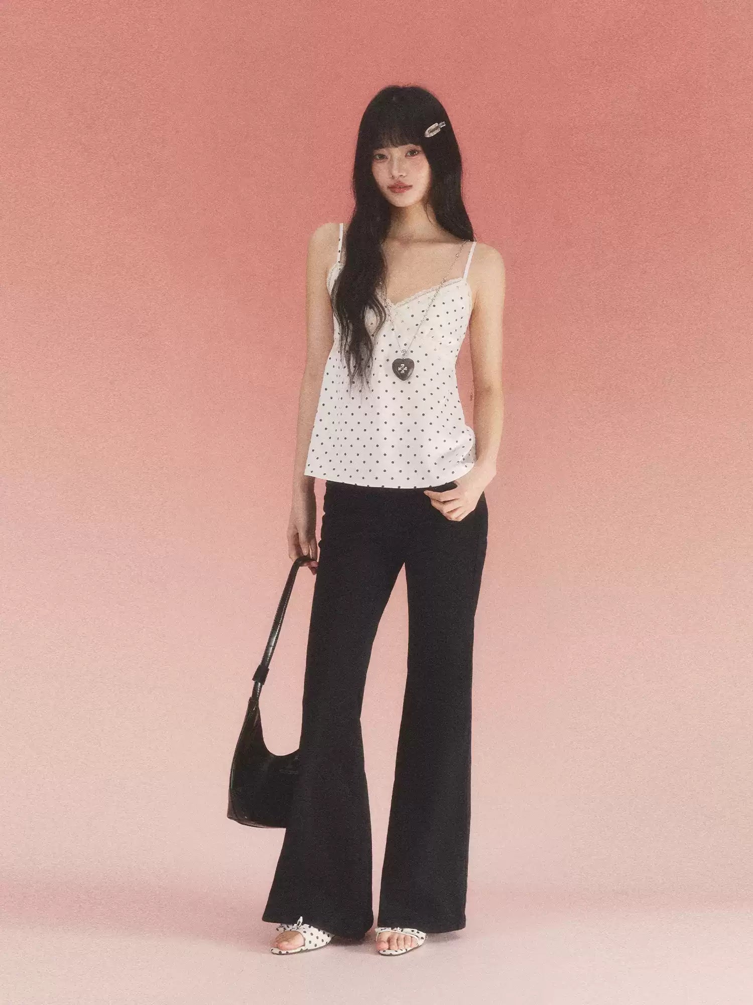 Lace trim polka dot camisole top